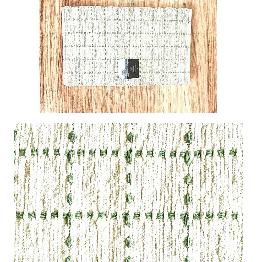 Brooks Brothers Bath Mat Lg Cotton Bath Rug Ivory W/ Green Embroidery Squares